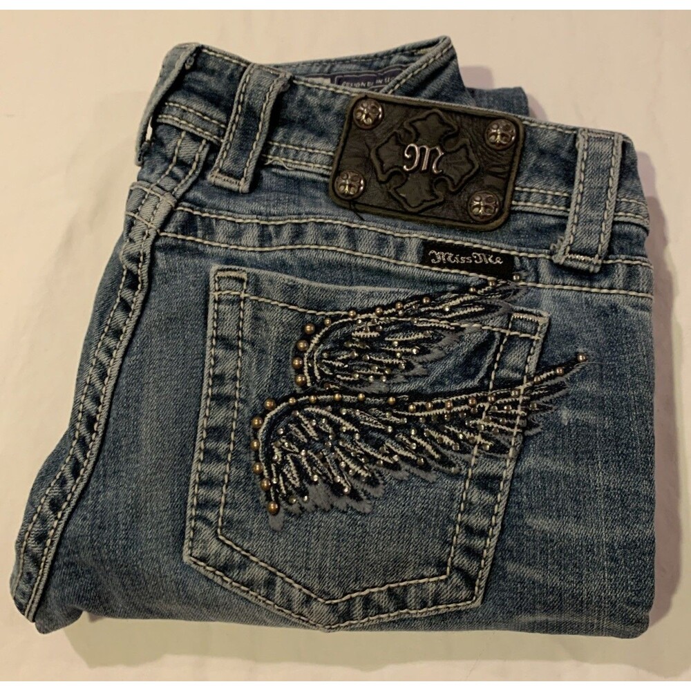Miss Me Denim Capris Womens 28 Heavy Stitching Studded Angel Wings Cuffed